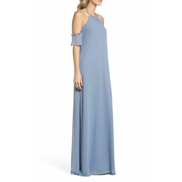 Nouvelle AMSALE Womens Blue Ruffle Sleeve Halter Gown Slate Size S NG24 - Picture 2 of 6